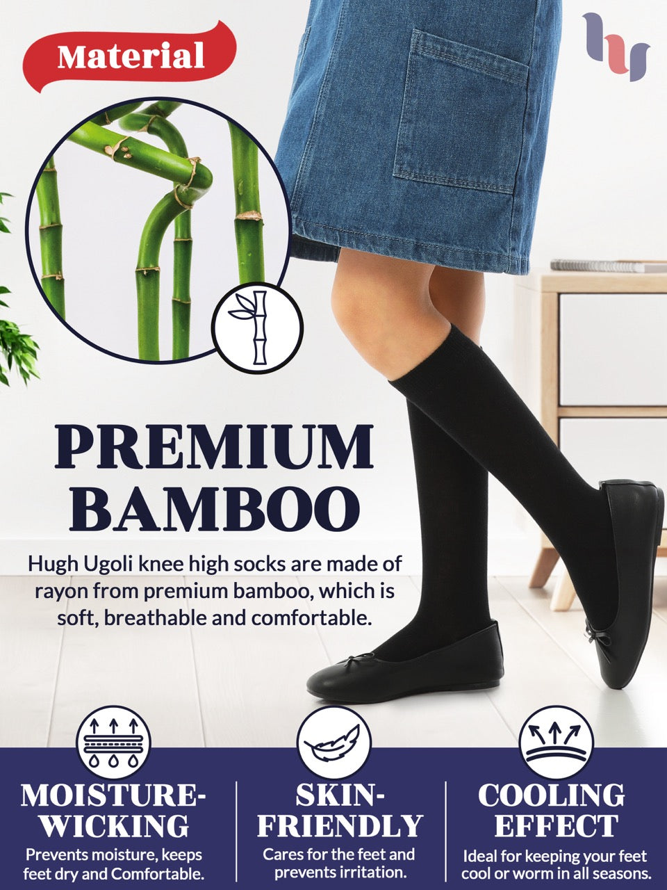 Experience the ultimate comfort and style with Hugh Ugoli Kids Bamboo School Socks. These black socks perfect for school or everyday wear, our high-quality knee-high socks meet uniform standards while reducing blisters and staying in place. Available in four sizes for children aged 3-14 years