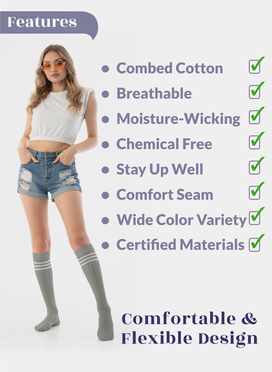 Woman wearing knee-high socks with product features listed on a white background