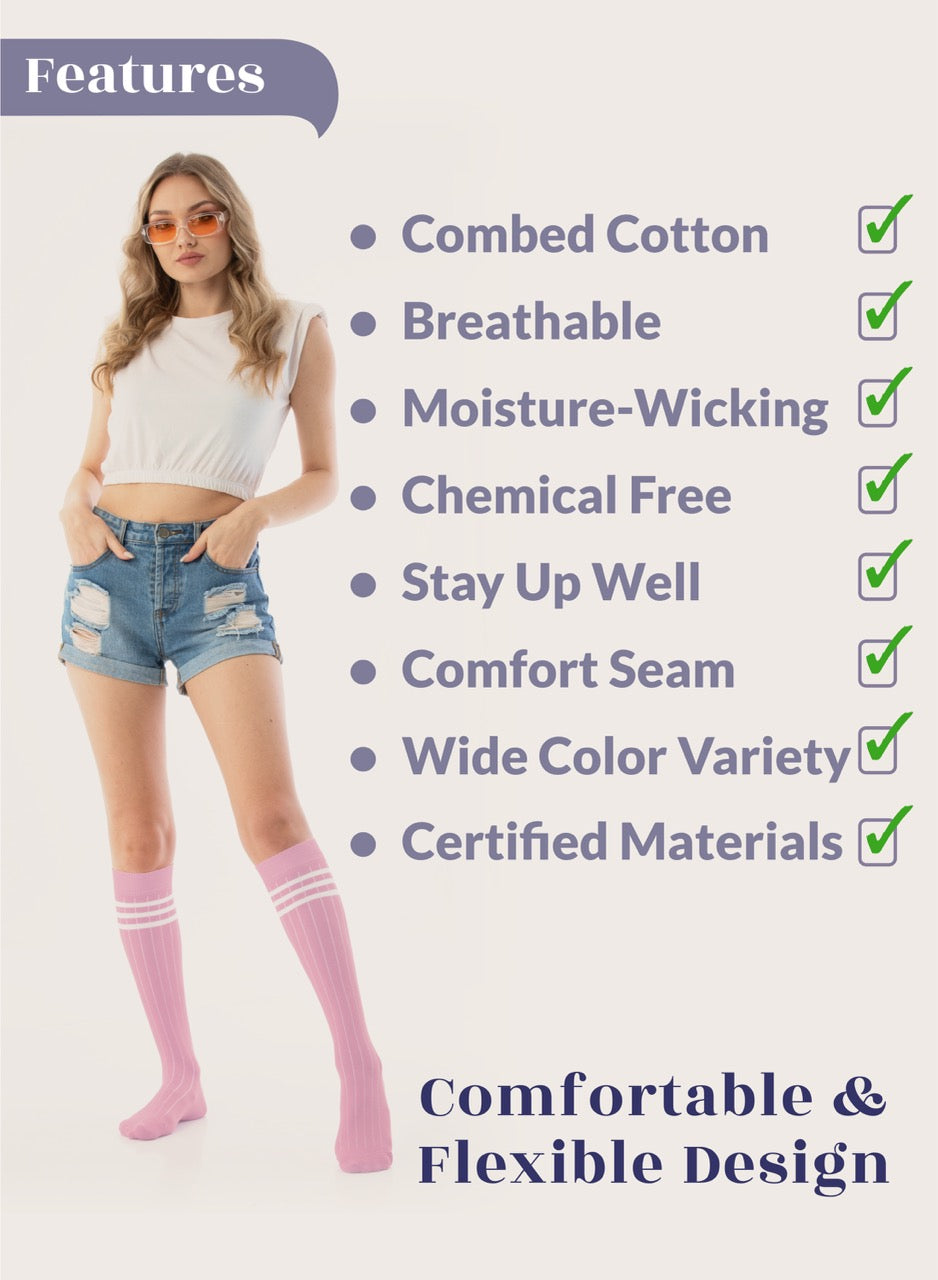 Woman wearing knee-high socks with features listed on a white background