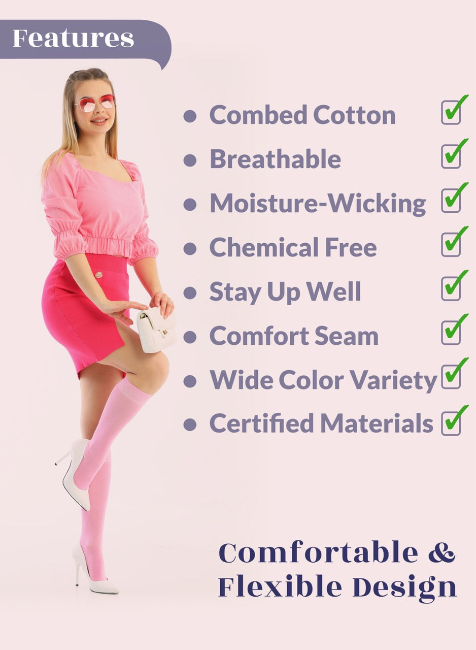 Woman wearing pink knee-high socks with features listed on a white background