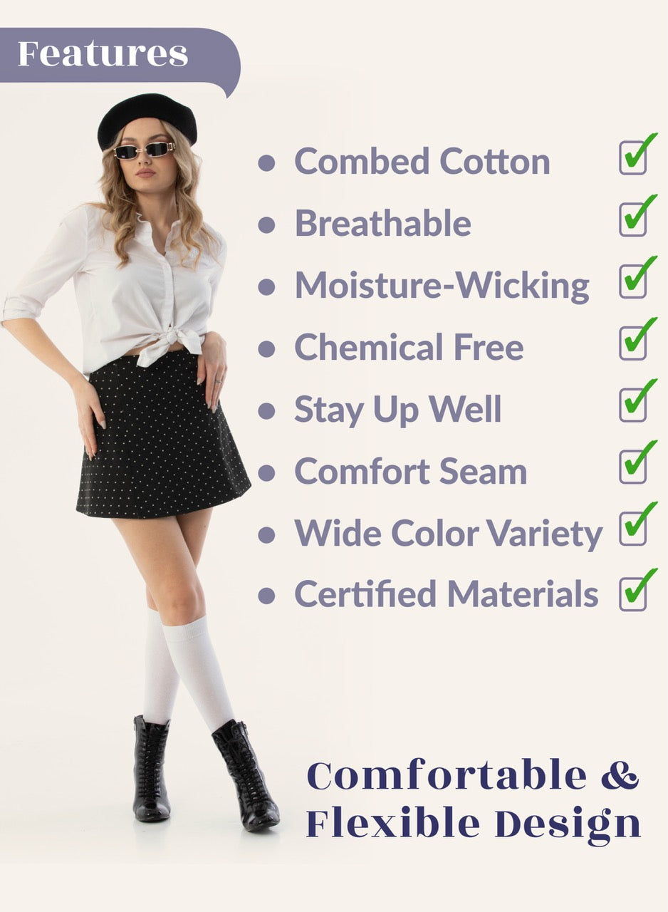 Woman wearing a white shirt, black skirt, and black boots with text listing product features on a white background.