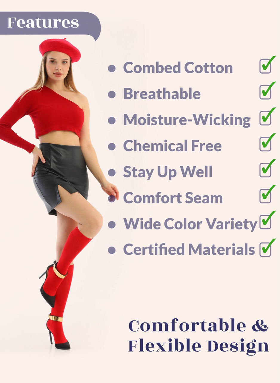 Woman wearing a red outfit with text listing features on a white background