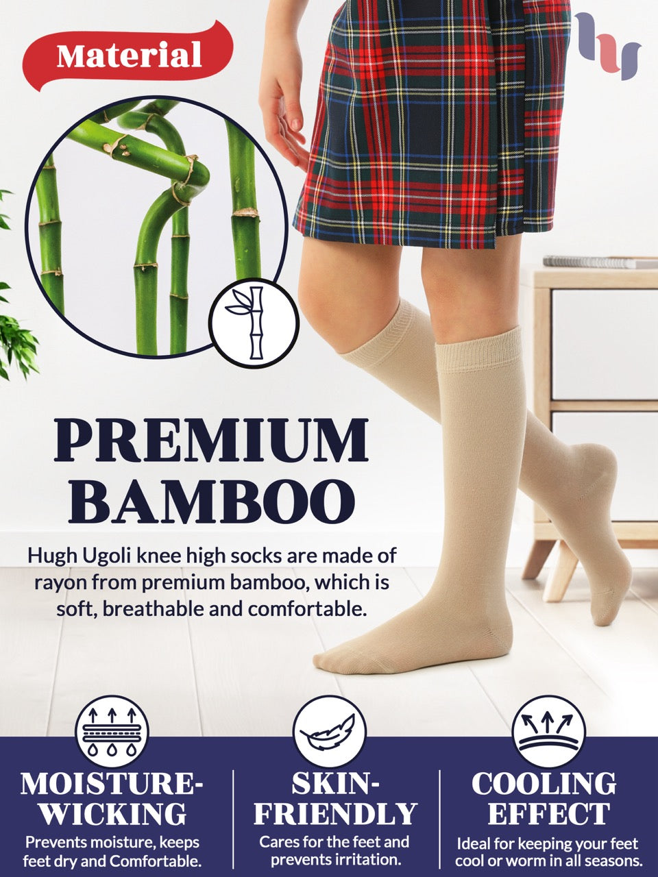 Experience the ultimate comfort and style with Hugh Ugoli Kids Bamboo School Socks. These beige socks perfect for school or everyday wear, our high-quality knee-high socks meet uniform standards while reducing blisters and staying in place. Available in four sizes for children aged 3-14 years