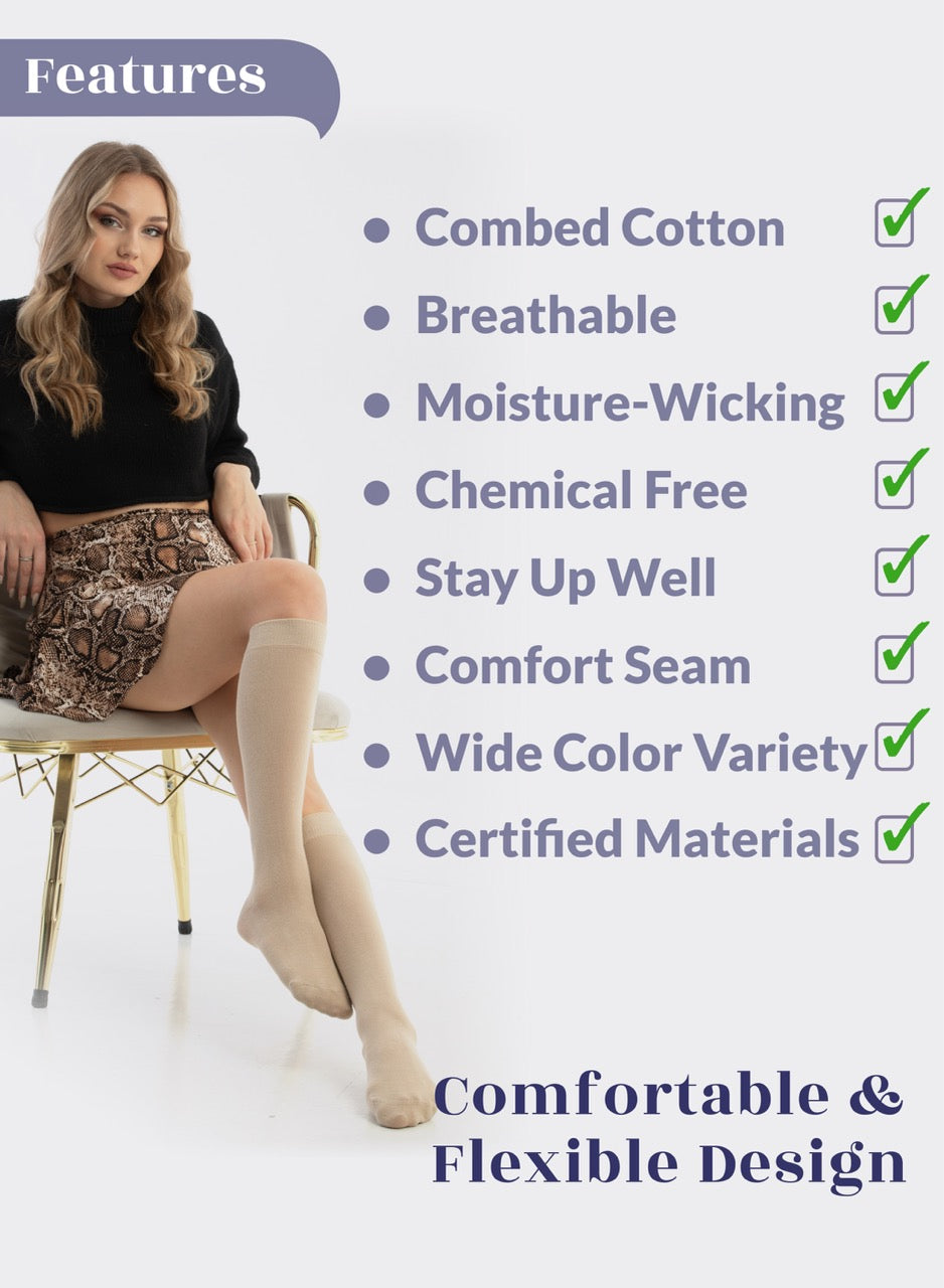 Woman sitting on a chair wearing knee-high socks with product features listed on a white background.