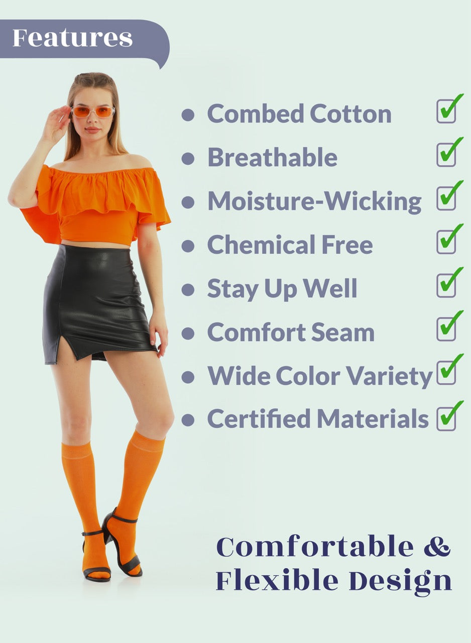 Woman wearing an orange off-shoulder top and black skirt with text listing product features on a white background.