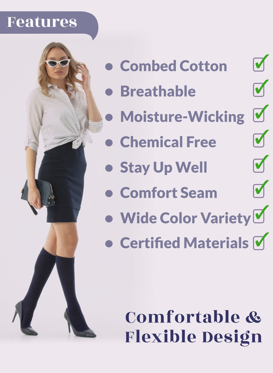 Woman wearing a white blouse and black skirt with text detailing product features on a white background