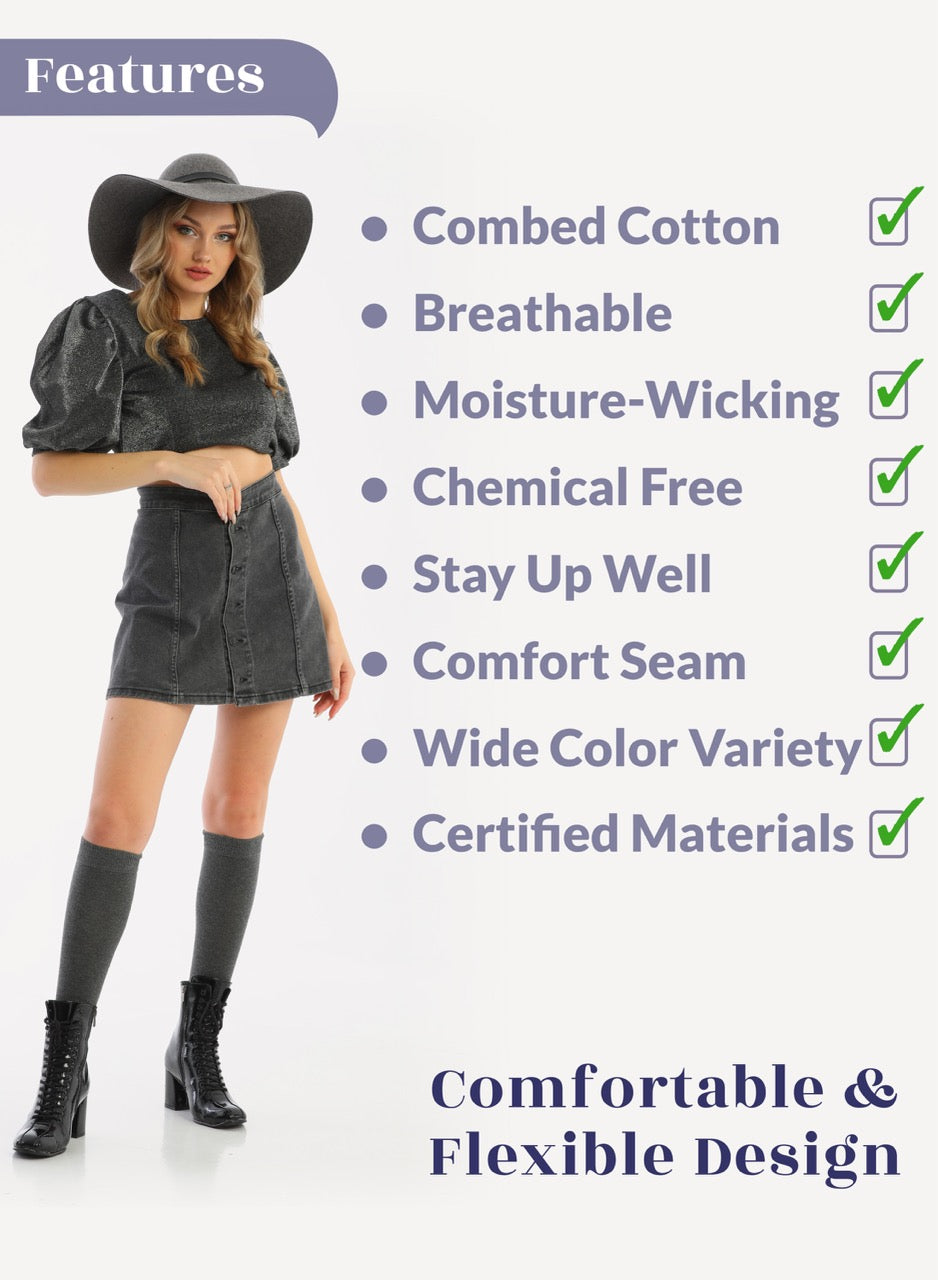 Woman wearing a gray outfit with text listing product features on a white background