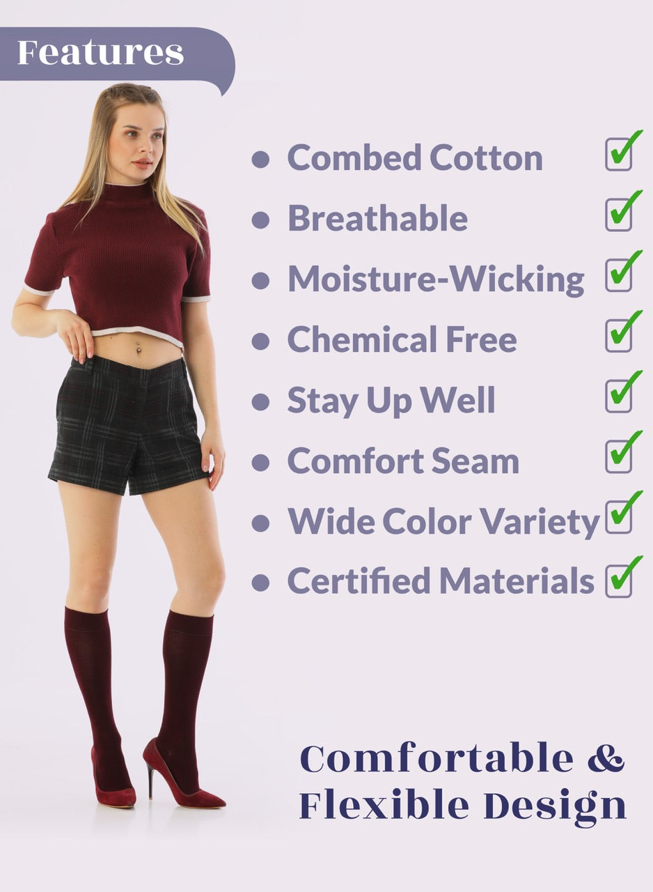 Woman wearing a maroon top, black shorts, and red knee-high socks with text listing product features on a white background.