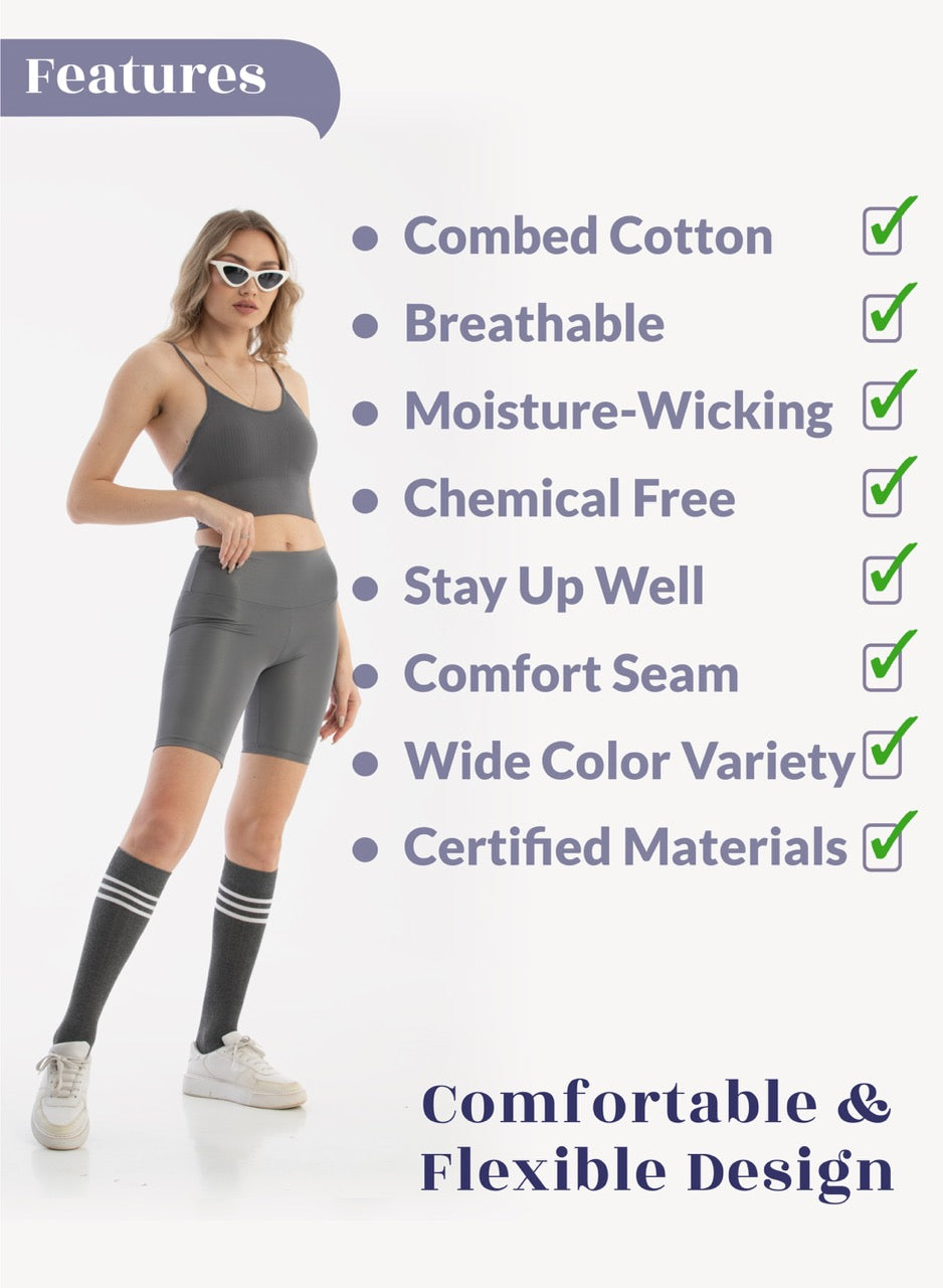 Woman wearing athletic wear with features listed on a white background