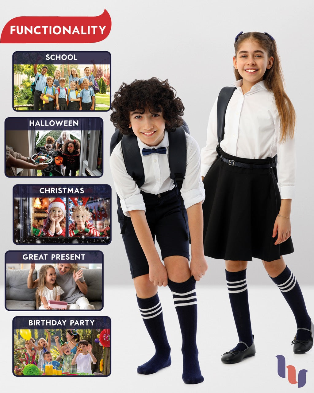 Striped Cotton Kids' Knee-High Dress Socks, 4 Pairs