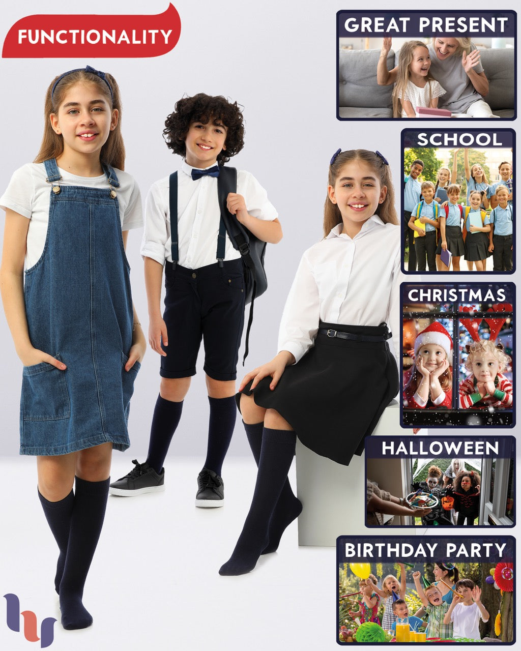 Kids' Plain Cotton Dress Knee-High Socks, 4 Pairs