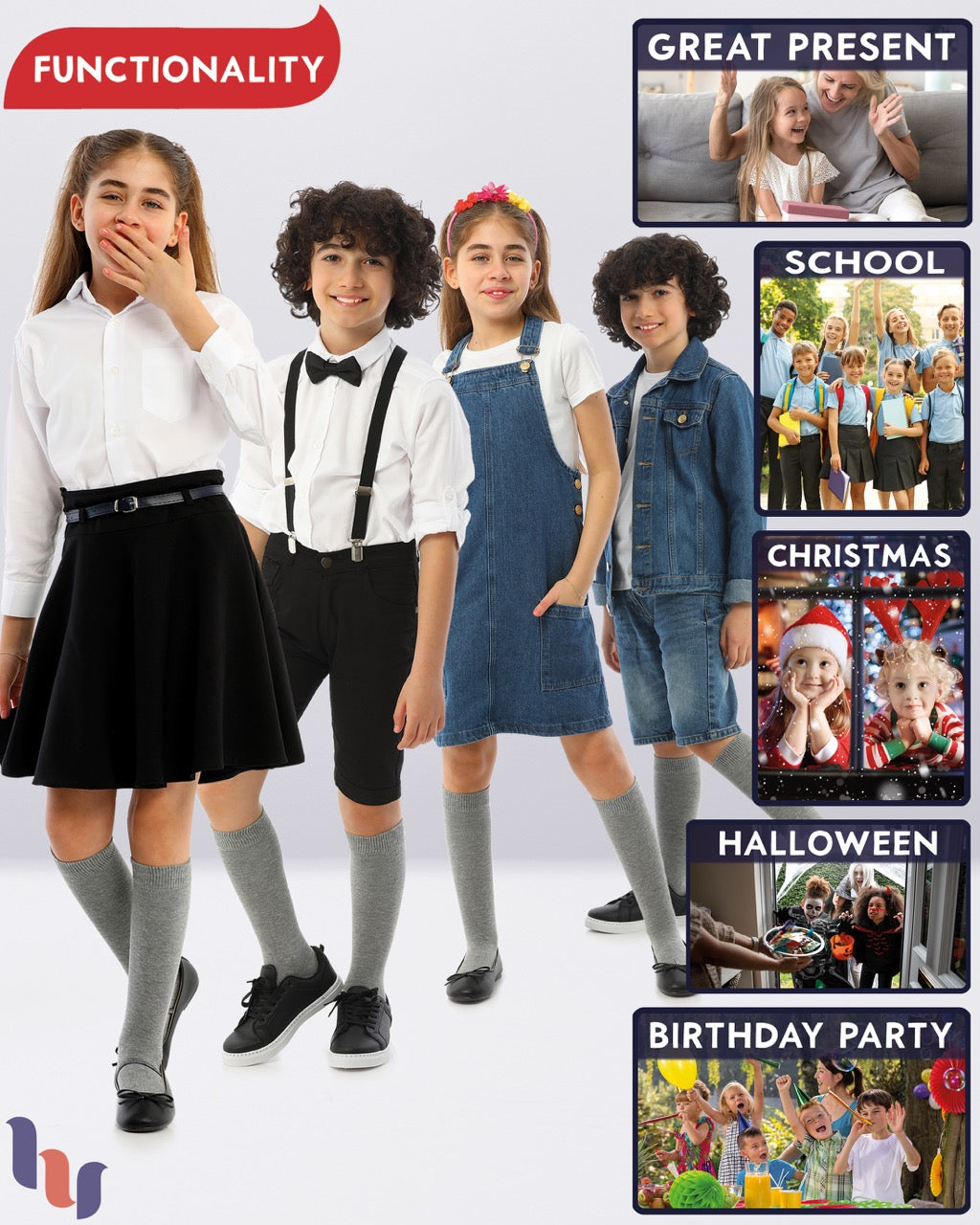 Kids' Plain Cotton Dress Knee-High Socks, 4 Pairs