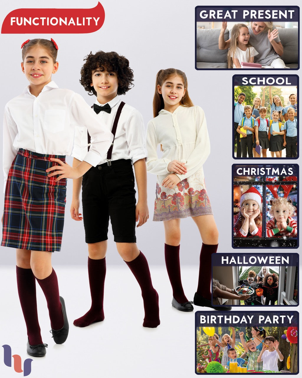 Kids' Plain Cotton Dress Knee-High Socks, 4 Pairs