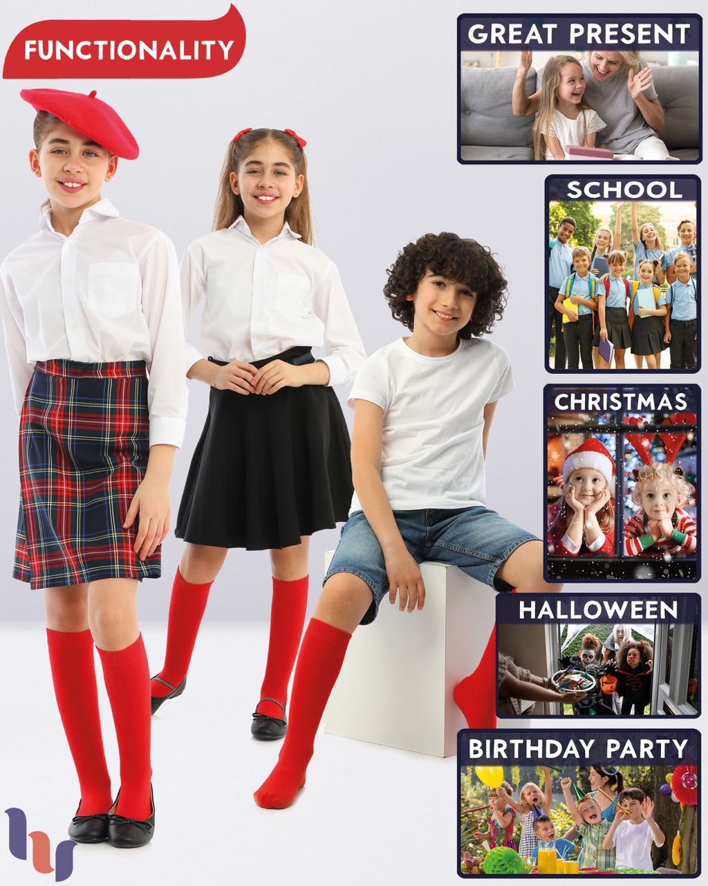 Kids' Plain Cotton Dress Knee-High Socks, 4 Pairs