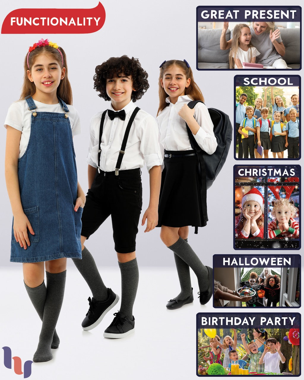 Kids' Plain Cotton Dress Knee-High Socks, 4 Pairs