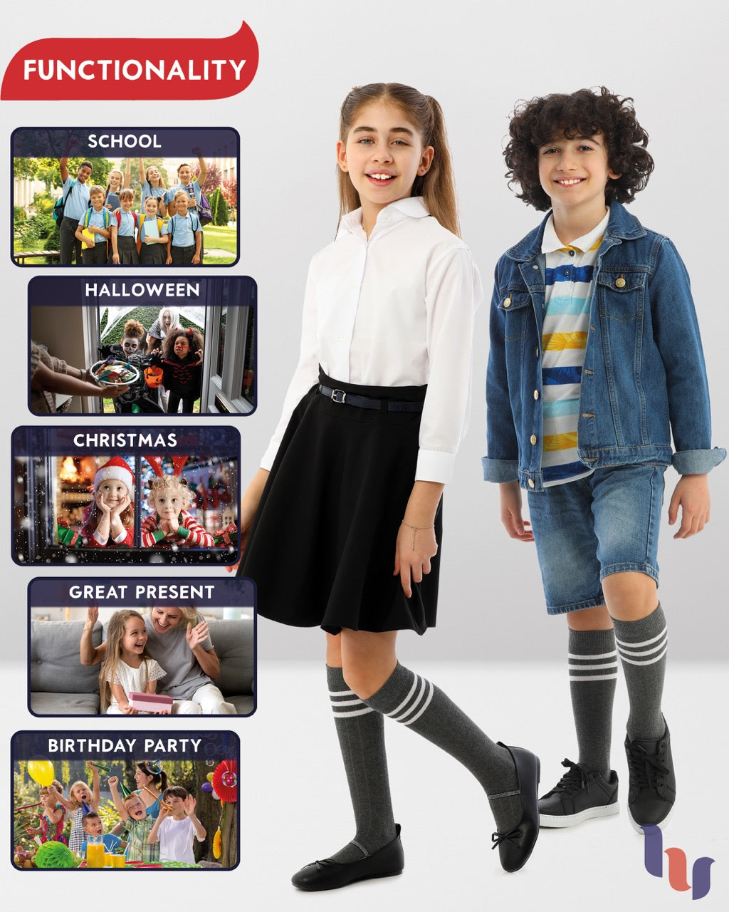 Striped Cotton Kids' Knee-High Dress Socks, 4 Pairs