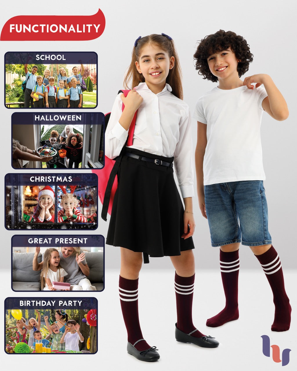 Striped Cotton Kids' Knee-High Dress Socks, 4 Pairs