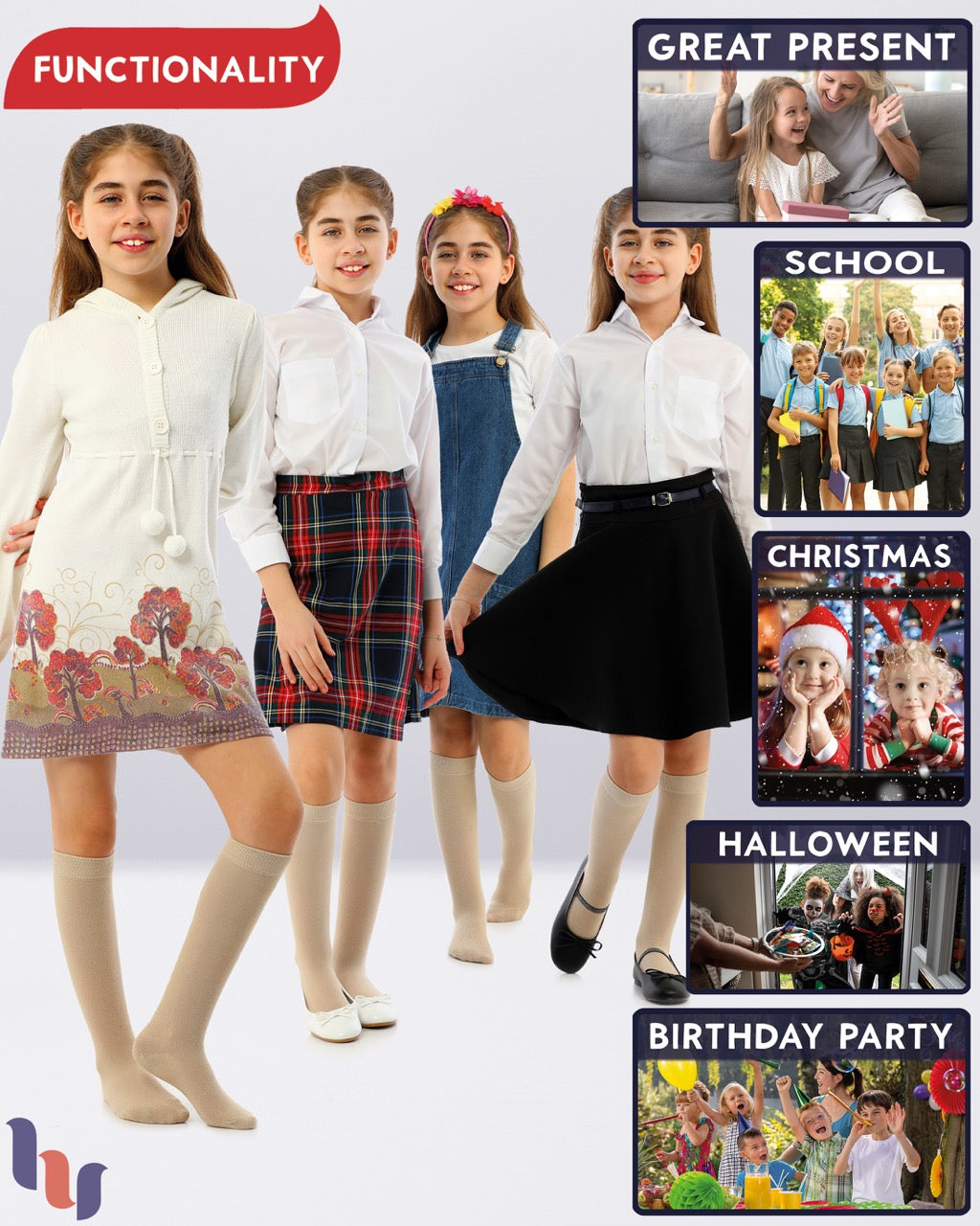 Kids' Plain Cotton Dress Knee-High Socks, 4 Pairs