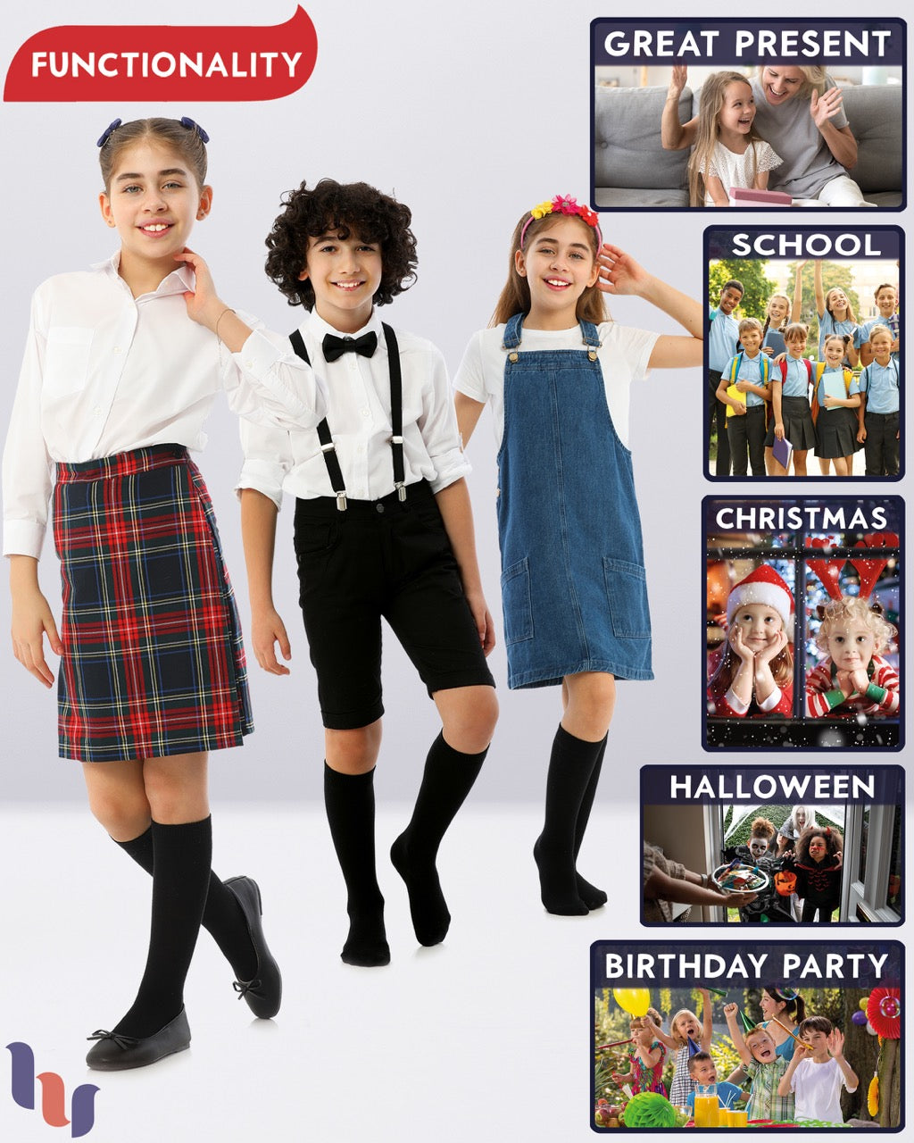 Kids' Plain Cotton Dress Knee-High Socks, 4 Pairs