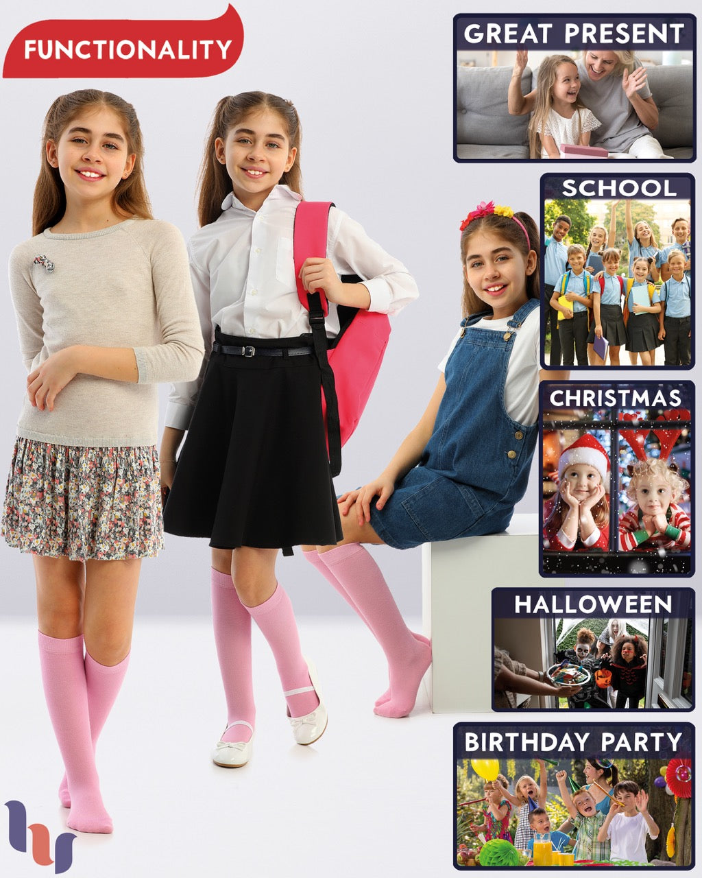 Kids' Plain Cotton Dress Knee-High Socks, 4 Pairs