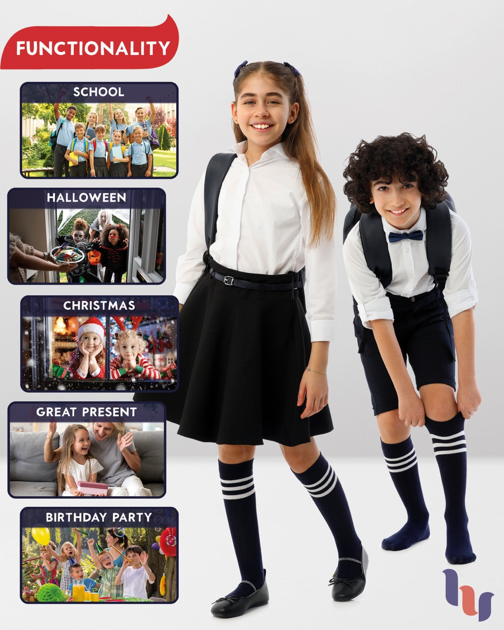 Striped Cotton Kids' Knee-High Dress Socks, 4 Pairs