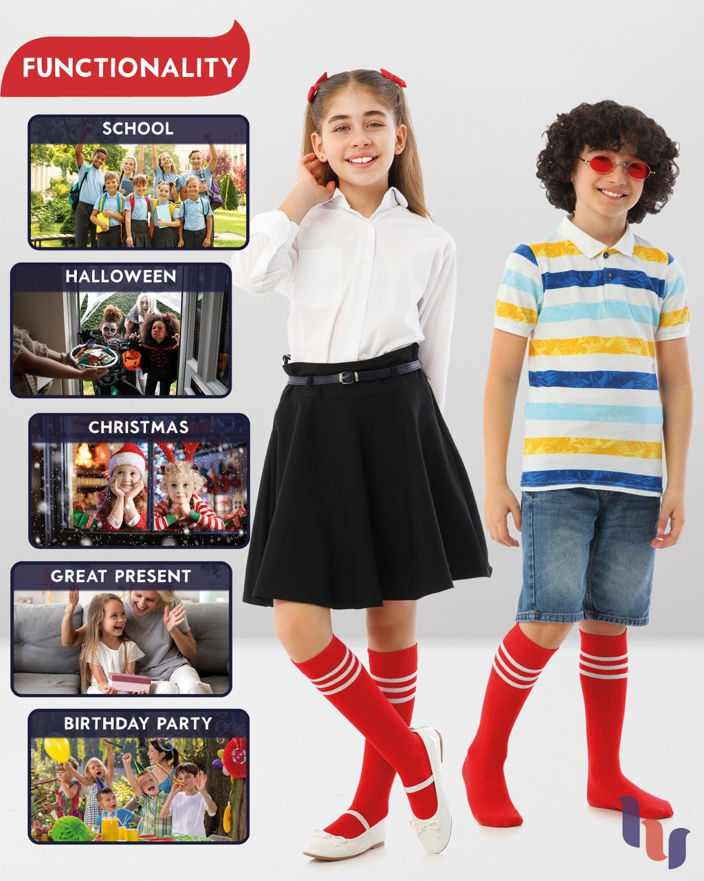 Striped Cotton Kids' Knee-High Dress Socks, 4 Pairs