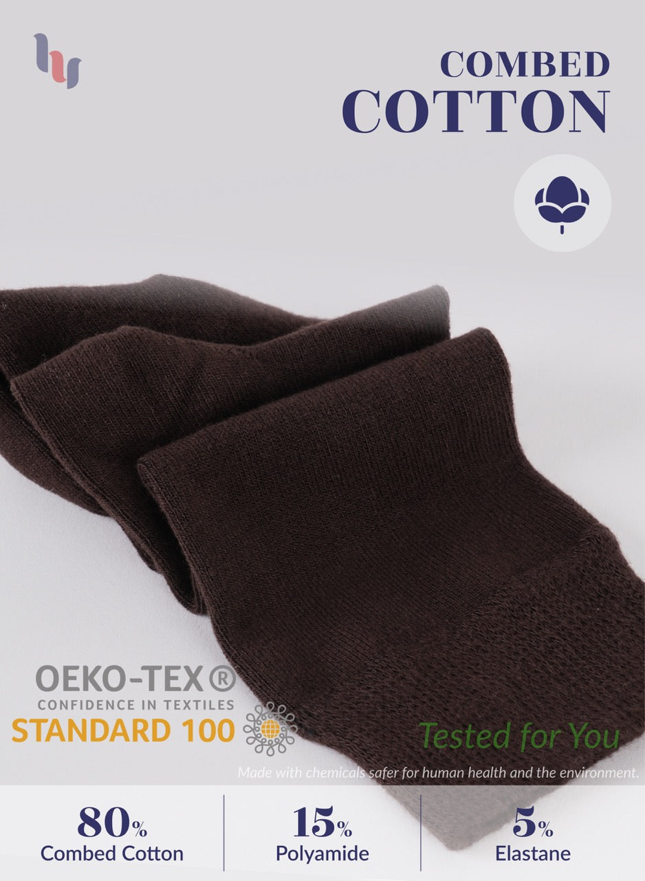 Brown sock with text indicating combed cotton, OEKO-TEX certification, and material composition on a light gray background.