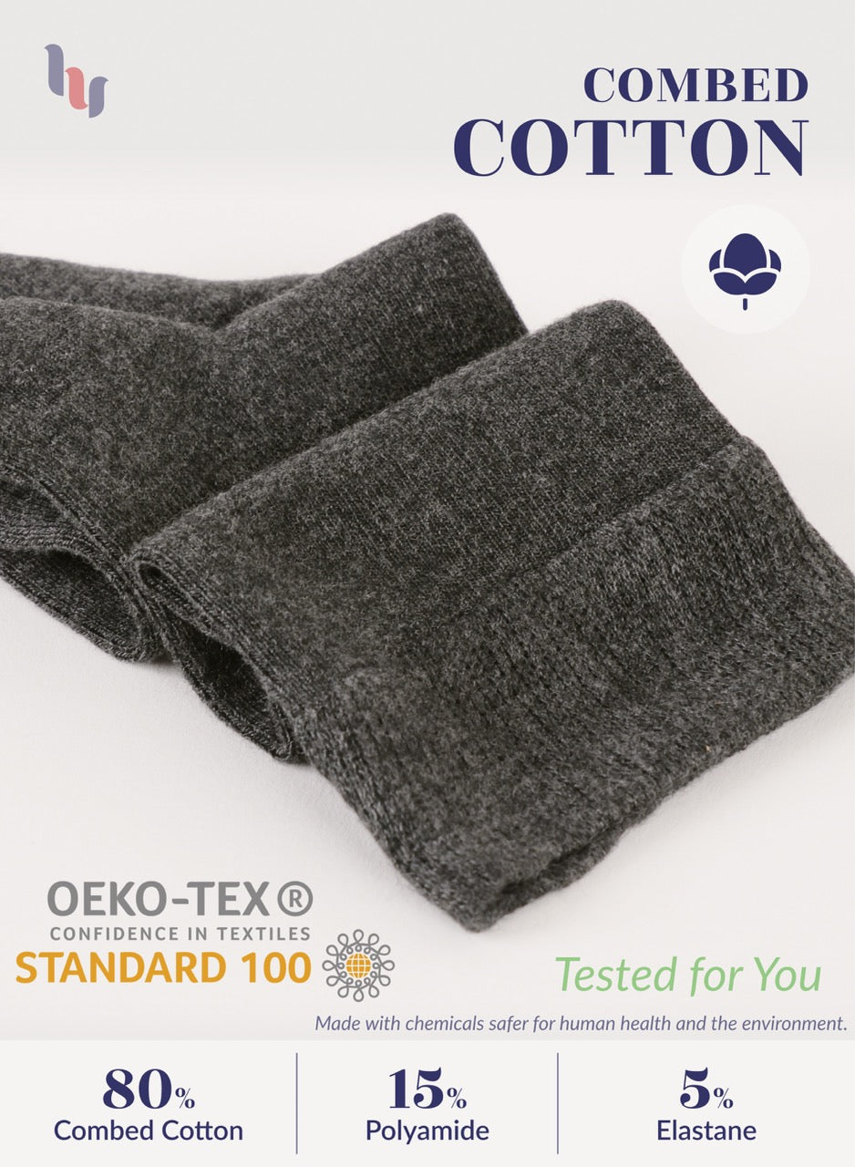 Dark gray fabric with OEKO-TEX and Combed Cotton branding on a light background