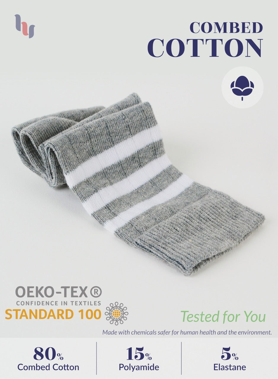 Gray and white striped fabric with OEKO-TEX and Combed Cotton branding on a light gray background