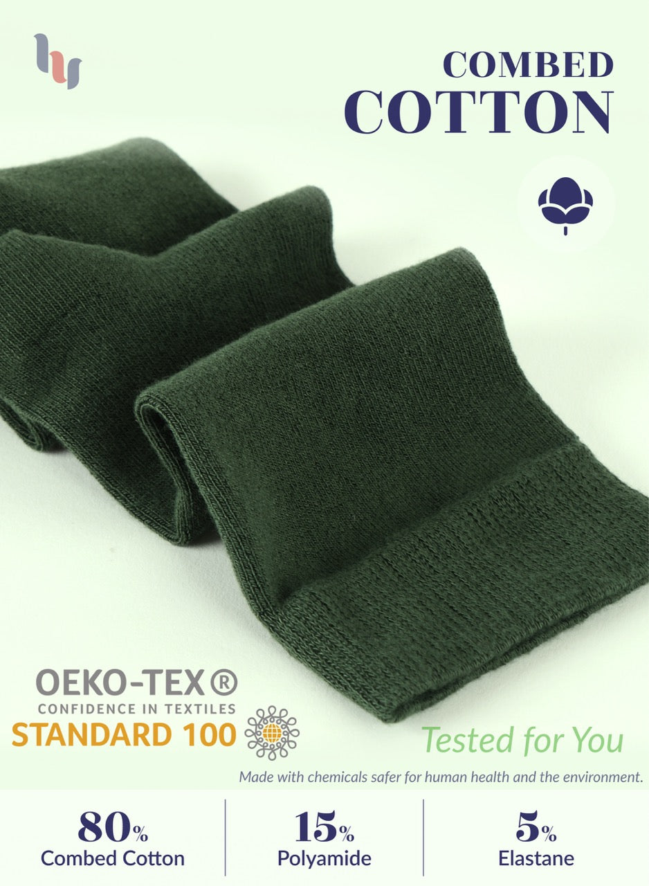 Dark green socks with text about combed cotton and OEKO-TEX certification on a white background