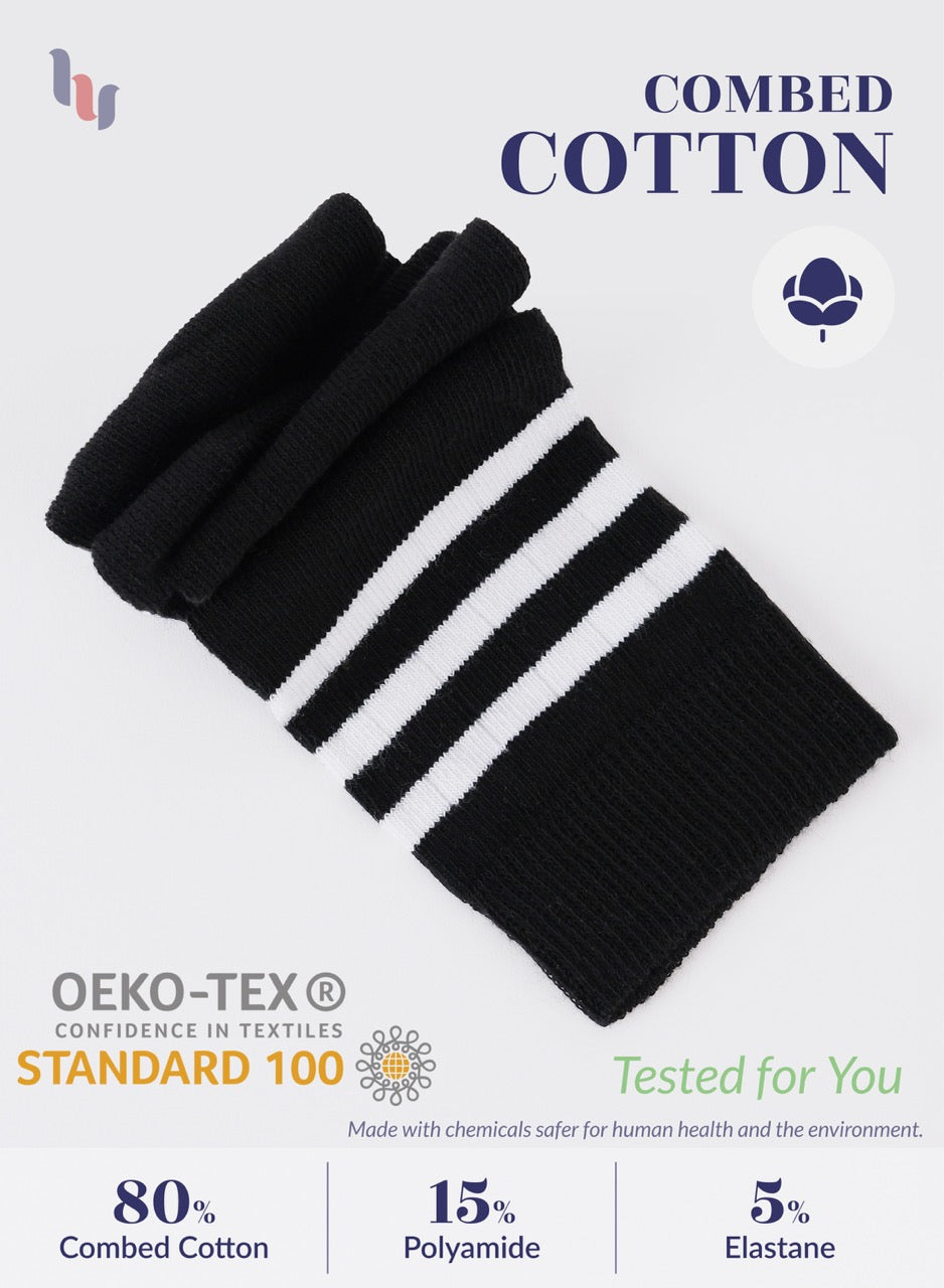 Black sock with white stripes on a light gray background, featuring OEKO-TEX certification.