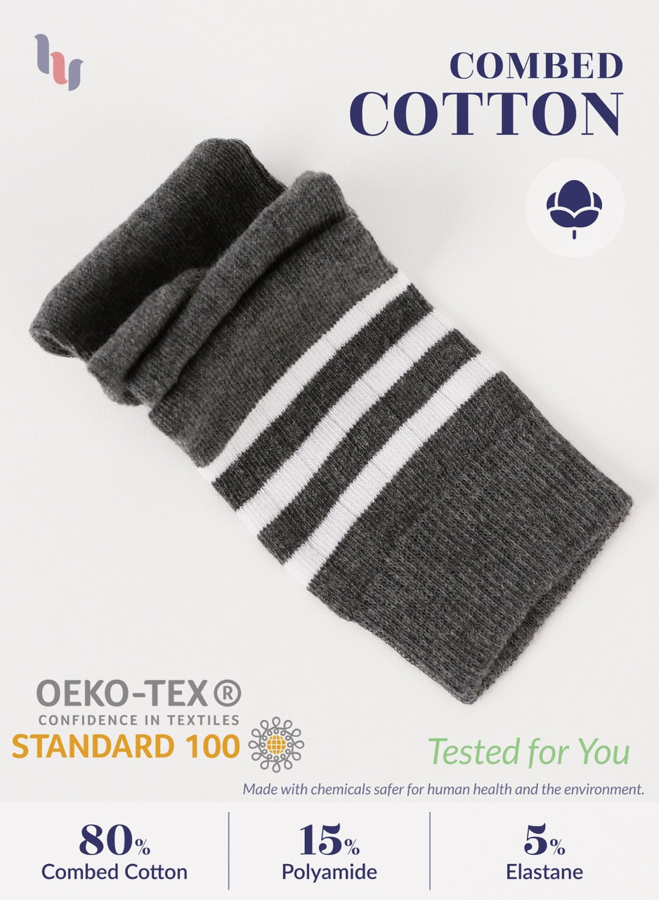 Gray knit scarf with text about combed cotton and OEKO-TEX certification on a white background