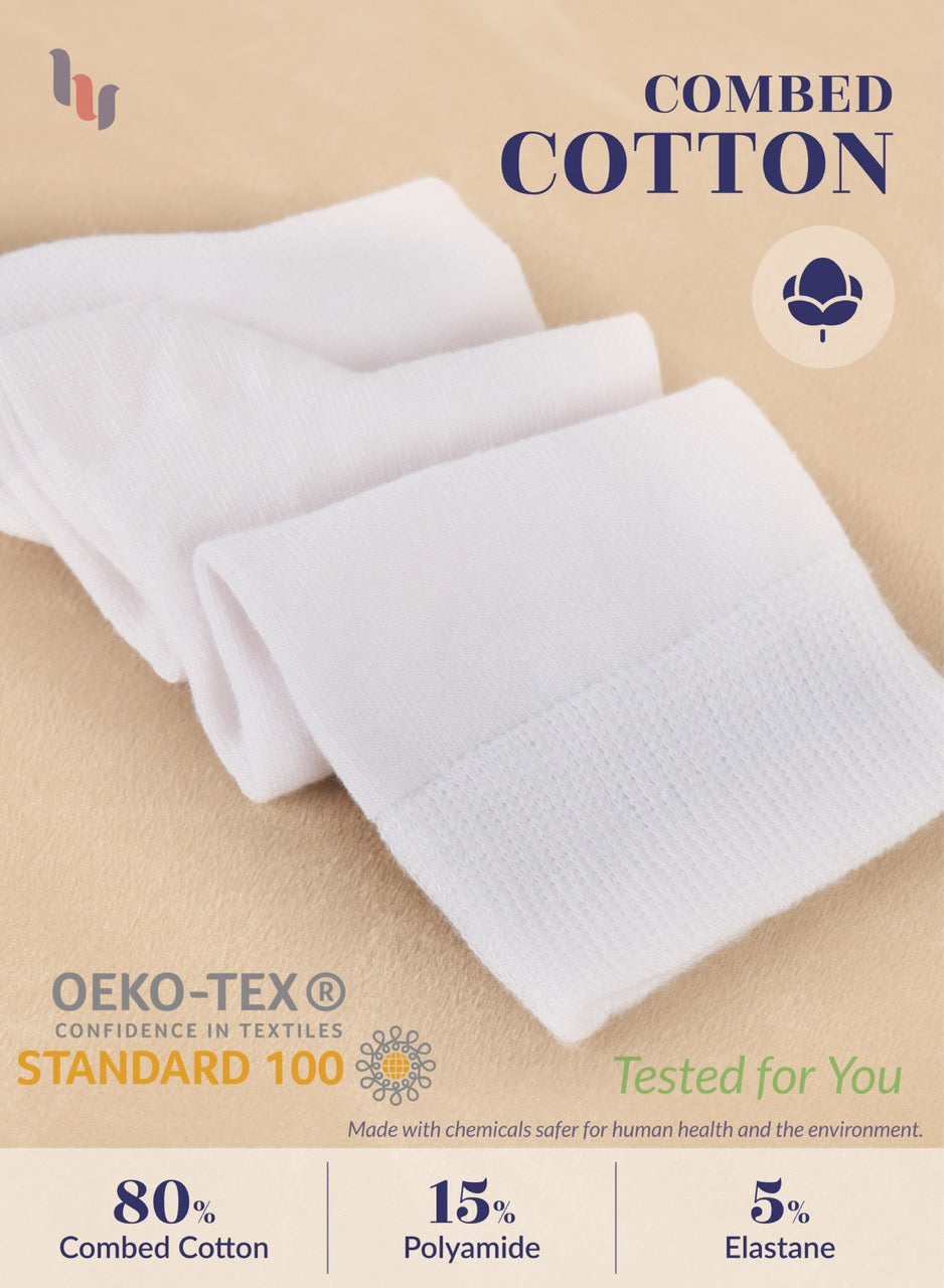 White fabric with 'Combed Cotton' text and OEKO-TEX Standard 100 logo on a beige background