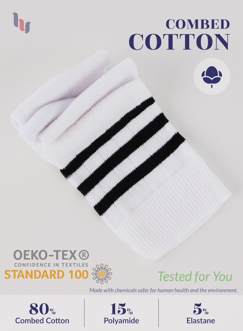 White sock with black stripes on a light gray background, featuring OEKO-TEX certification.