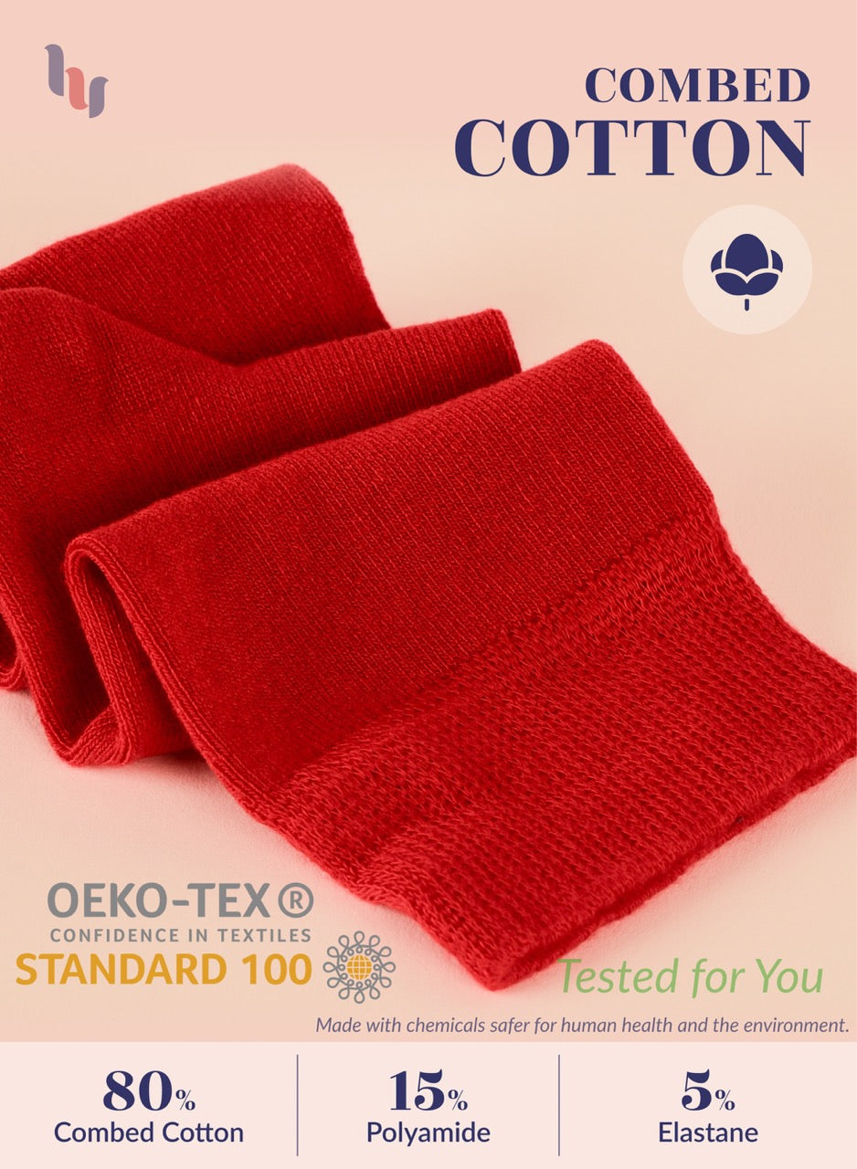 Red knitted fabric with OEKO-TEX and Combed Cotton branding on a beige background