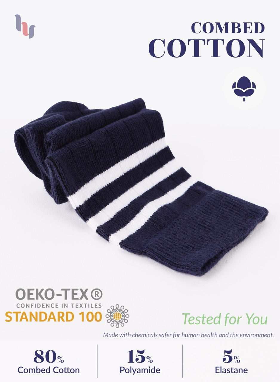 Navy blue and white striped scarf with text about combed cotton and OEKO-TEX certification on a white background.