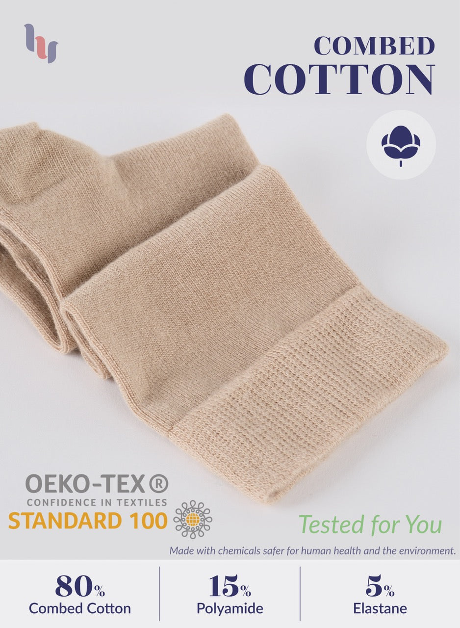 Beige sock with 'Combed Cotton' and 'OEKO-TEX Standard 100' labels on a light gray background