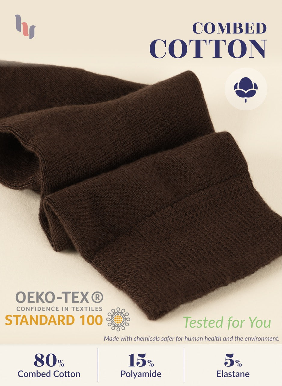 Brown fabric with combed cotton and OEKO-TEX branding on a light background