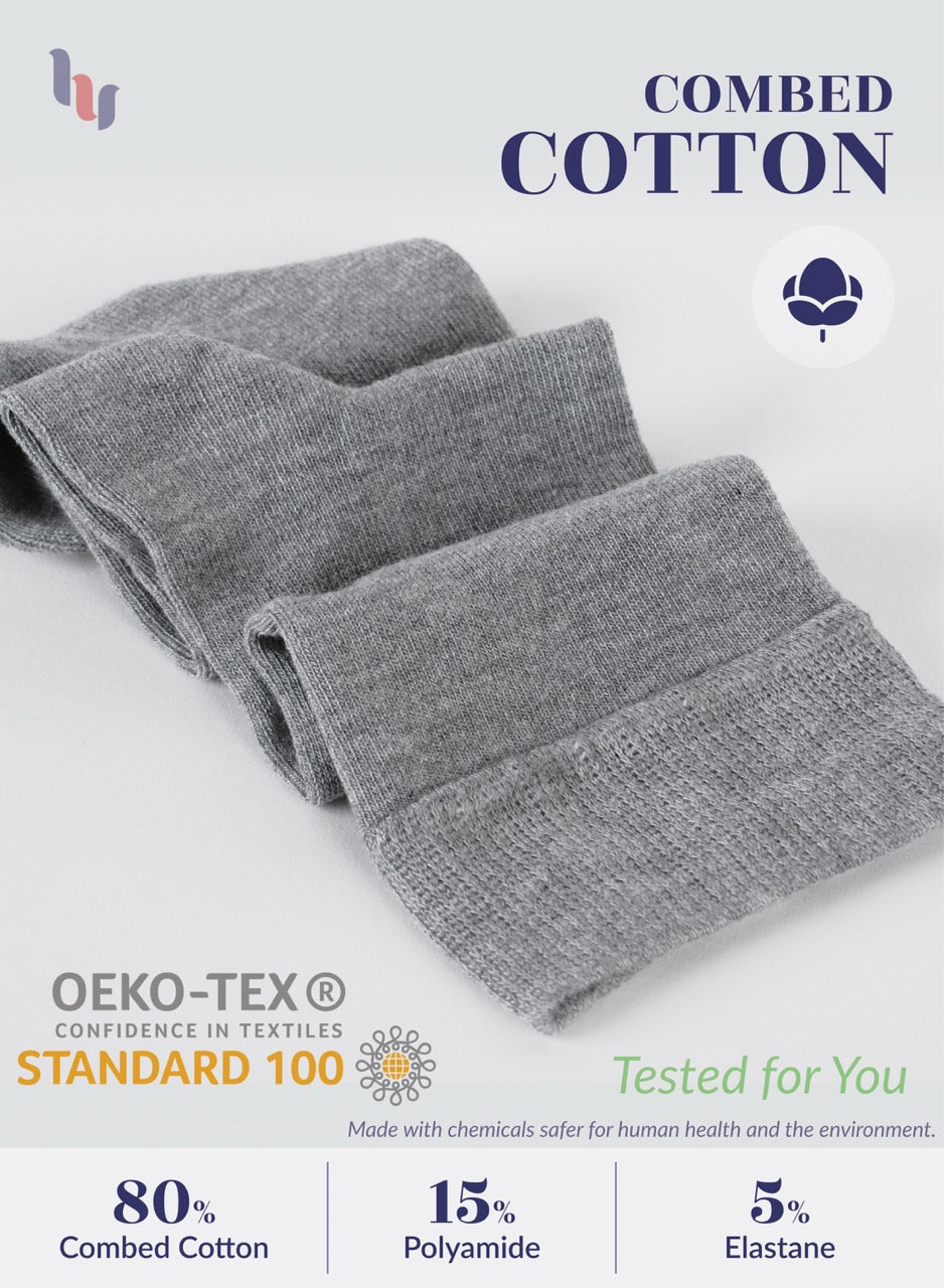 Gray fabric with combed cotton and OEKO-TEX certification on a light gray background