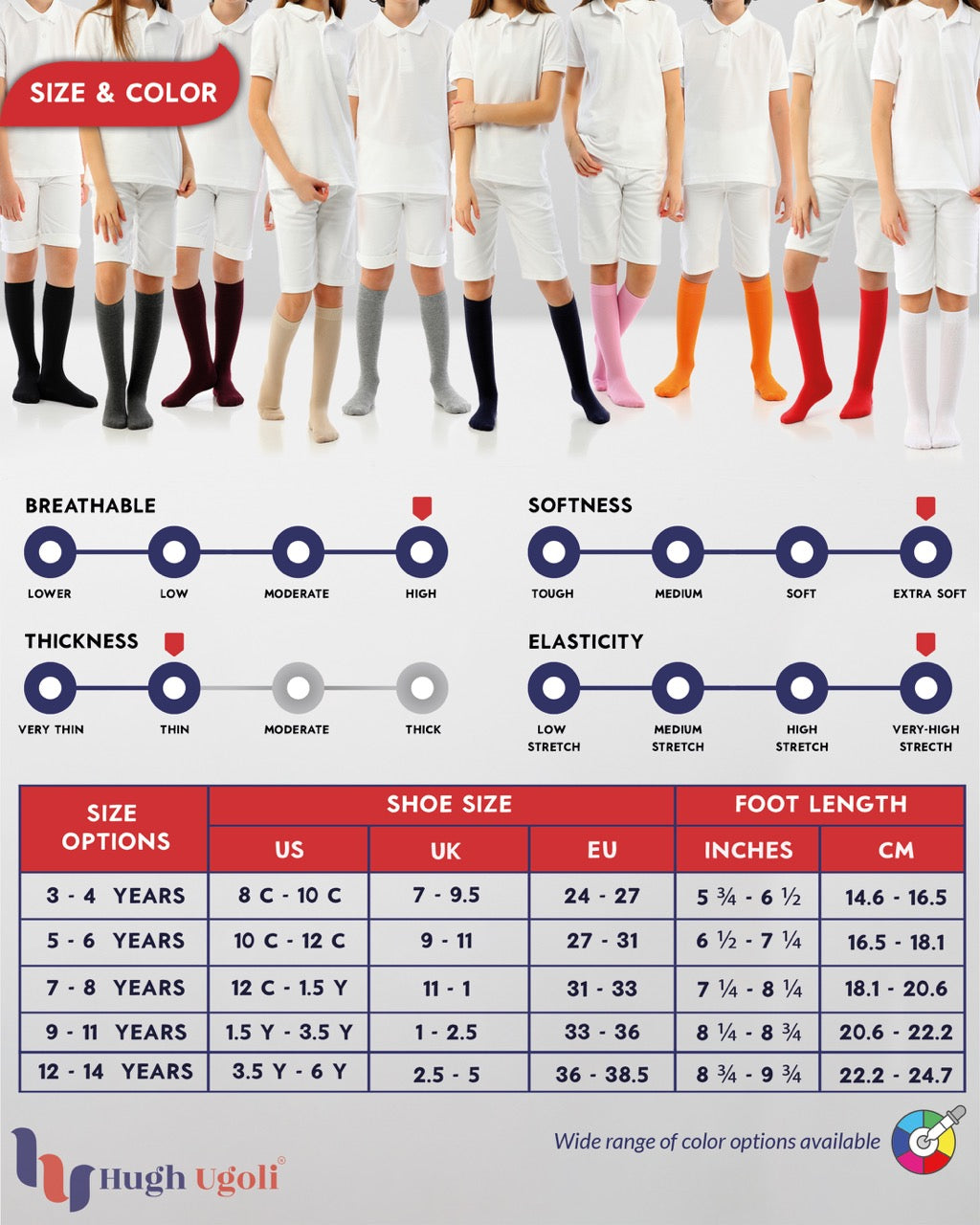 Kids' Plain Cotton Dress Knee-High Socks, 4 Pairs