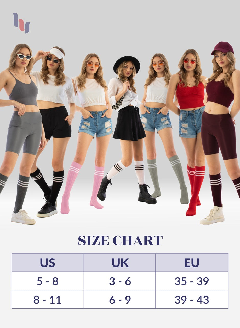 Model wearing various outfits with a size chart below on a light gray background