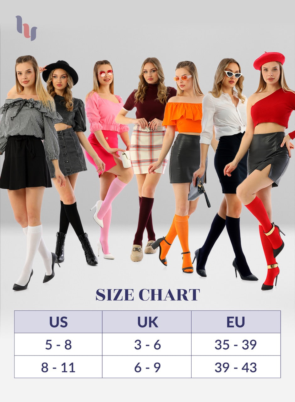Model wearing various outfits with a size chart below on a light gray background