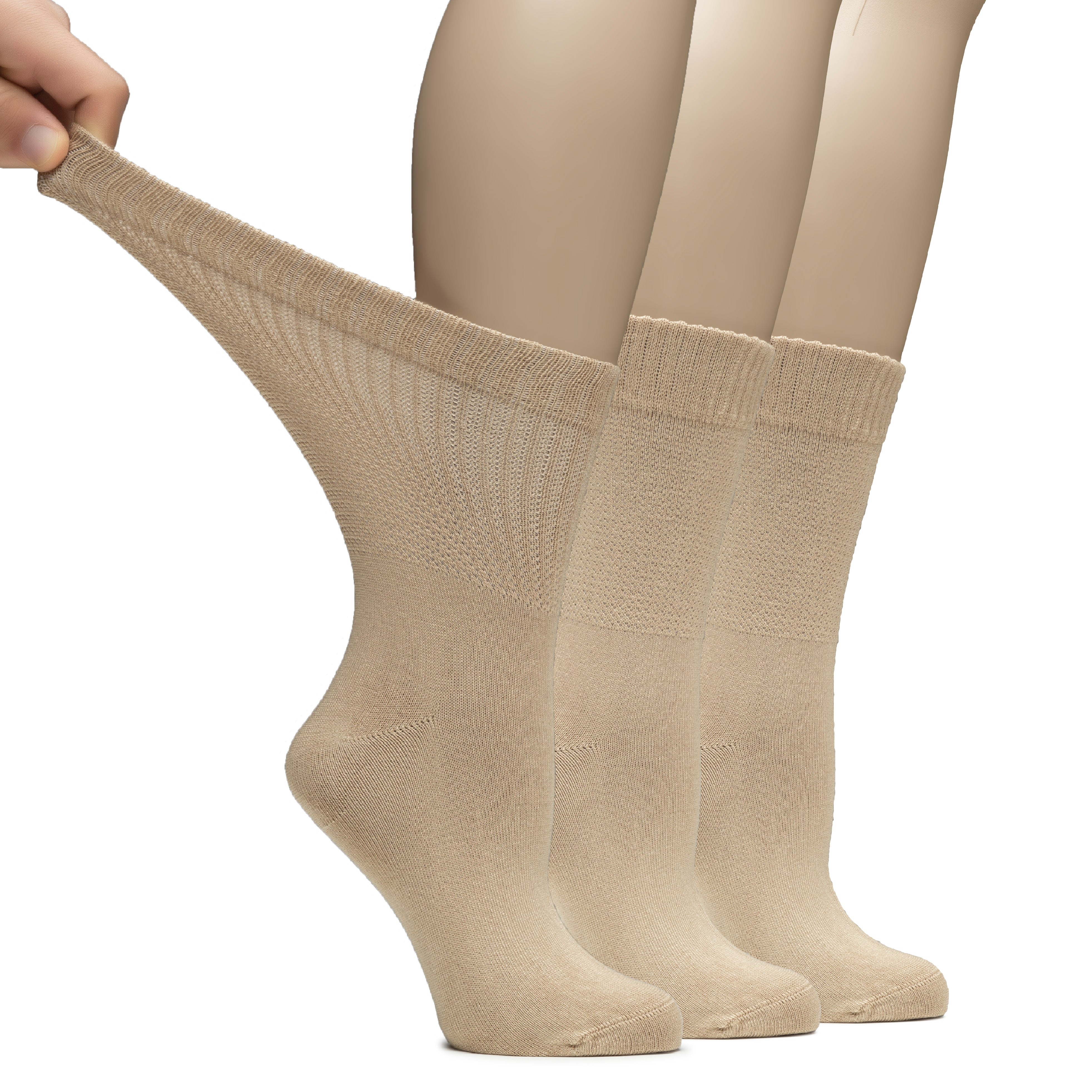 Three pairs of women's Bamboo Diabetic Crew Socks featuring the top of the foot for added comfort and support.