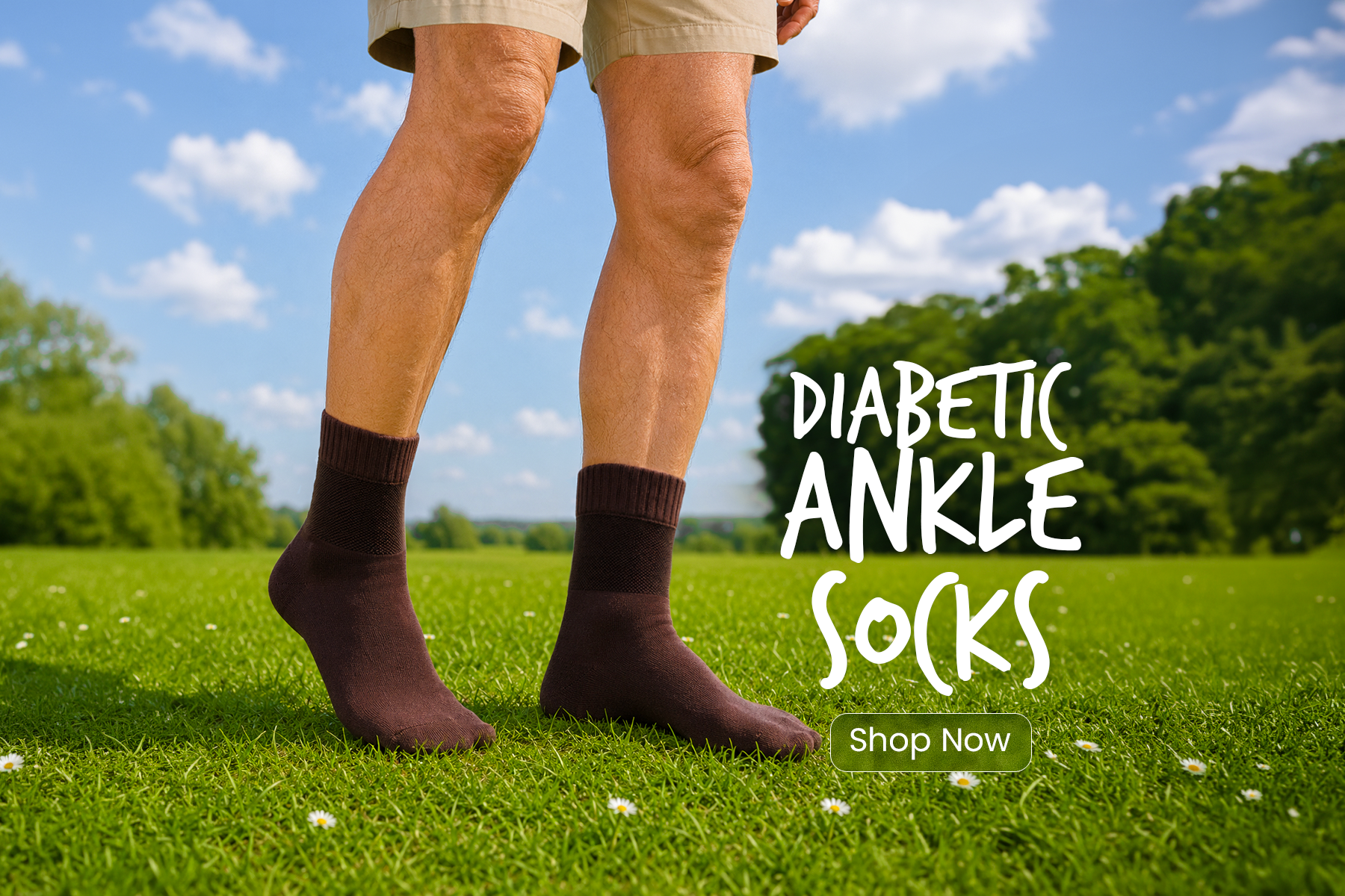 Person wearing diabetic ankle socks outdoors with a call to action text overlay.