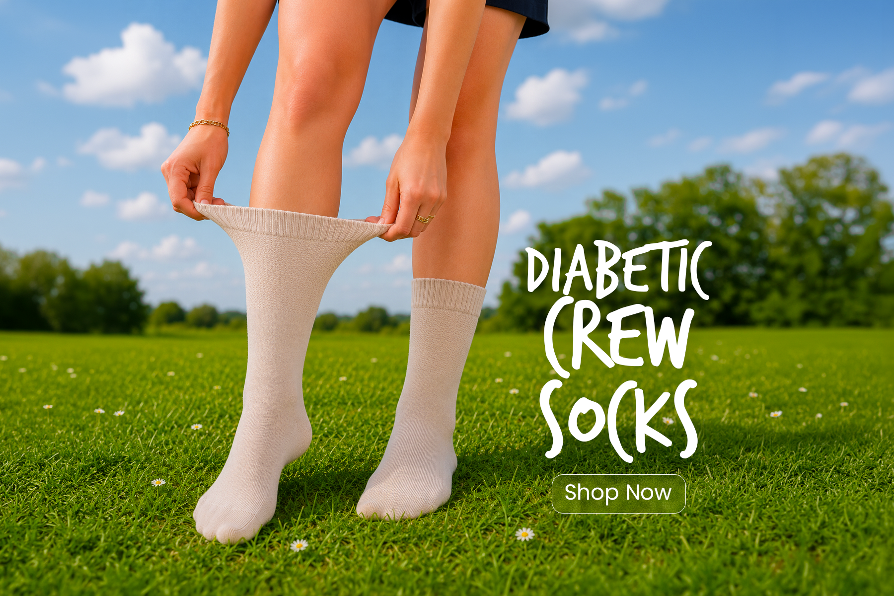 Person wearing diabetic crew socks with a grassy field and blue sky background