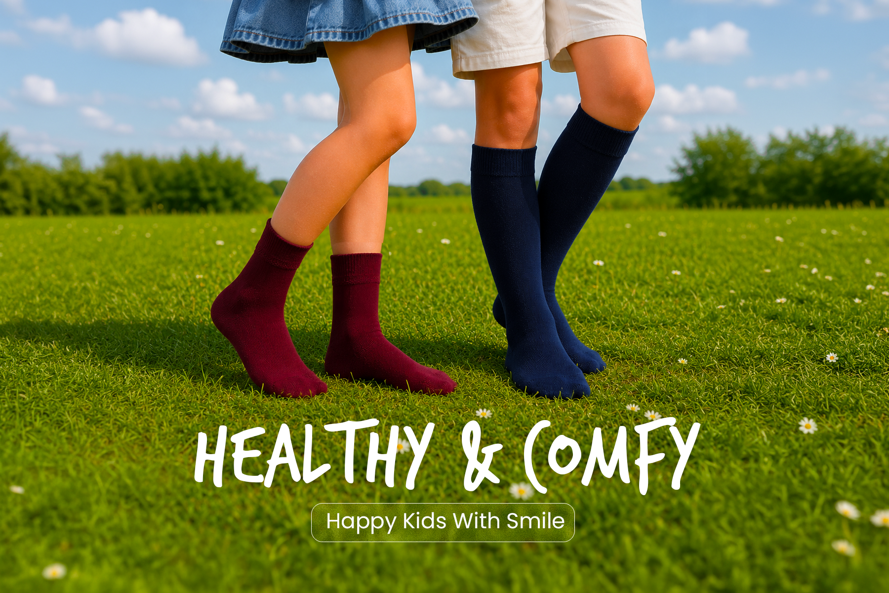 Two pairs of legs wearing socks on a grassy field with 'Healthy & Comfy' text overlay.
