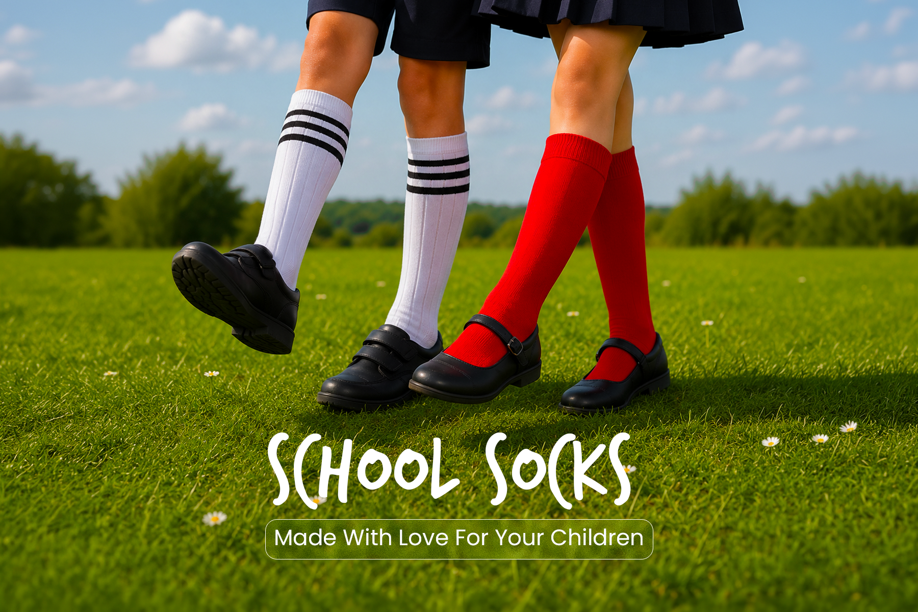 Two pairs of legs wearing school socks on a grassy field with 'School Socks' text overlay.
