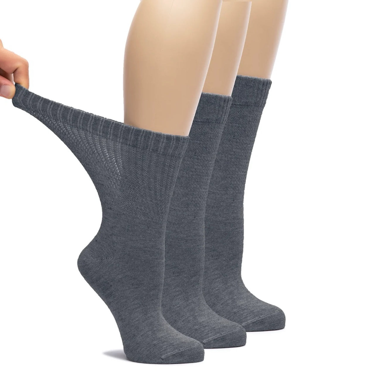 Melange Gray socks being held up against a white background