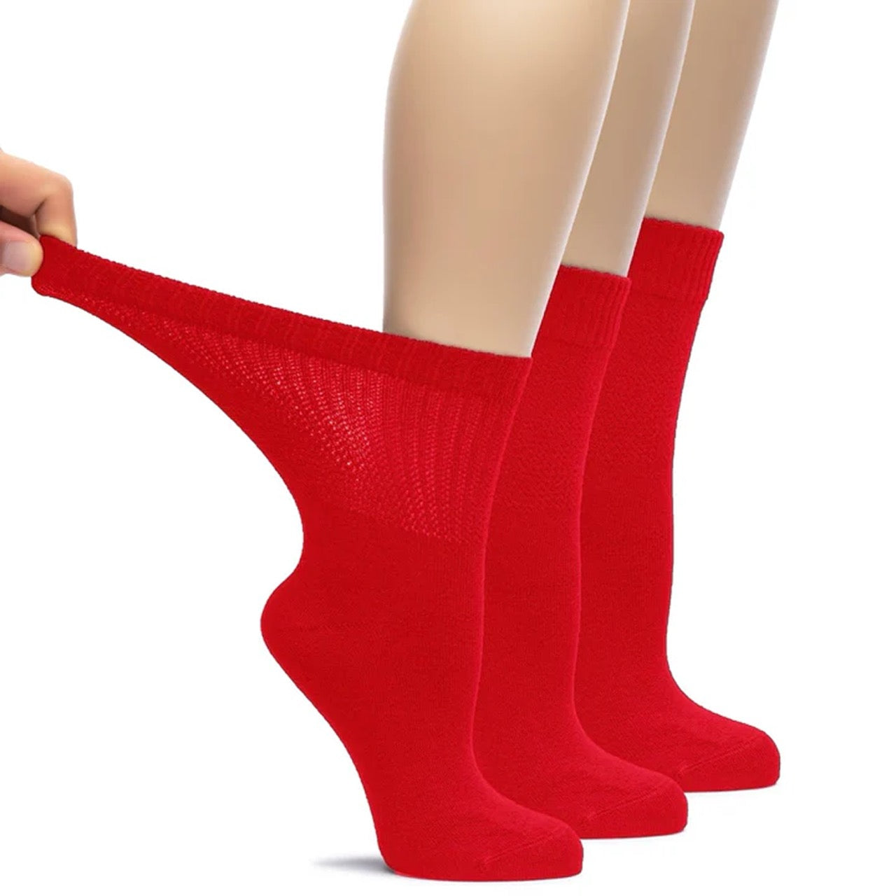Red socks being held up with a white background