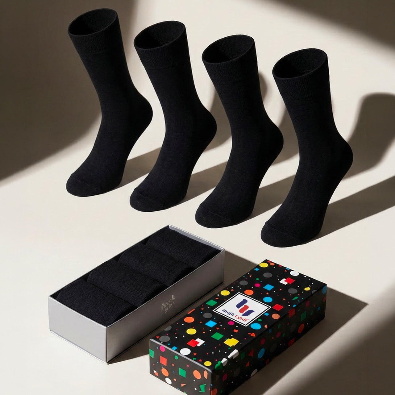 Hugh Ugoli Men's Bamboo Soft Business Crew Socks in black